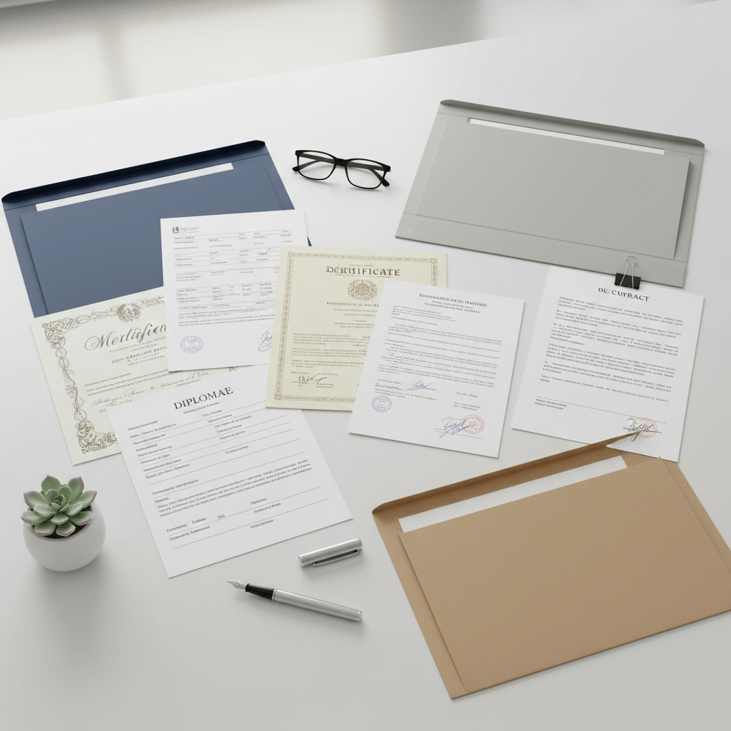 Multiple official document types arranged for certified translation services including legal academic personal and business documents