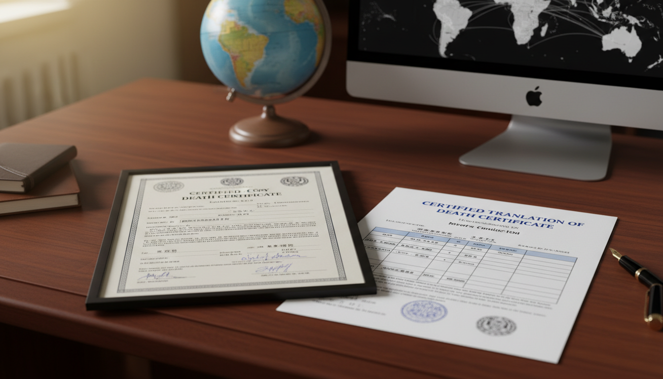 Certified death certificate displayed with its translation
