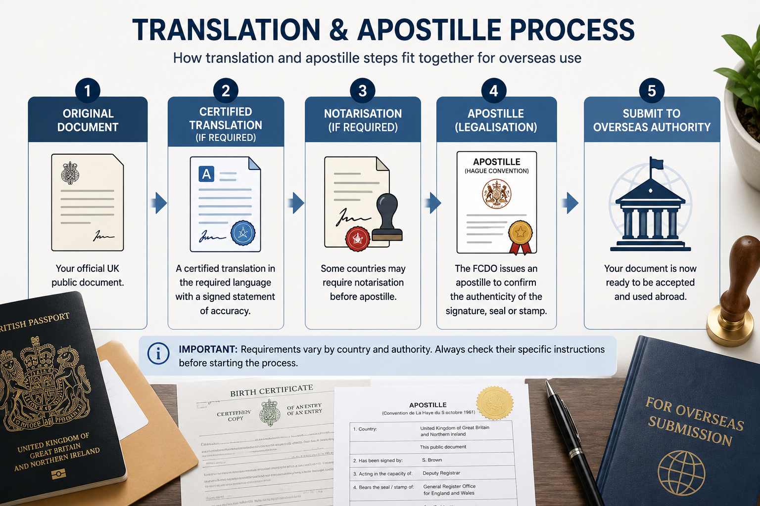 Flow diagram showing how sworn translation and apostille steps can fit together