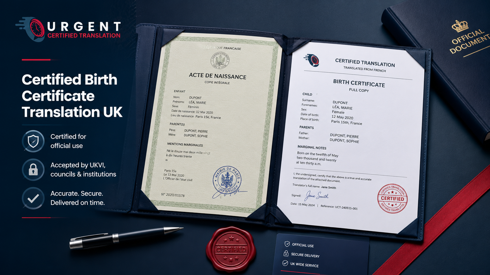 Certified birth certificate beside its English translation with certification seal