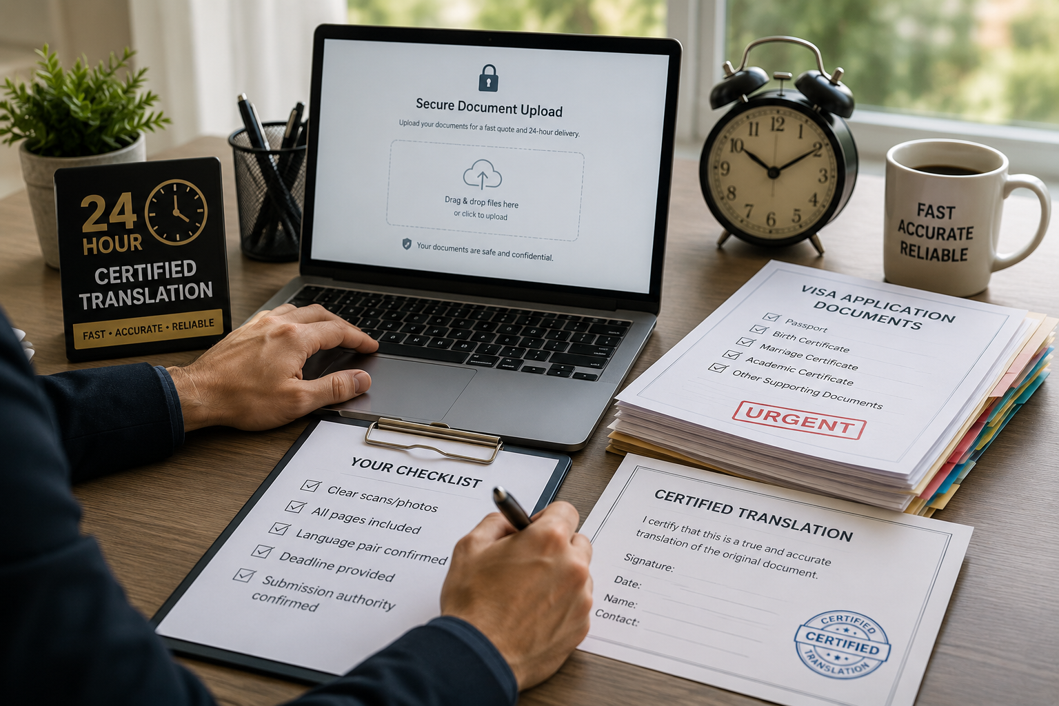 Client uploading documents for same-day certified translation