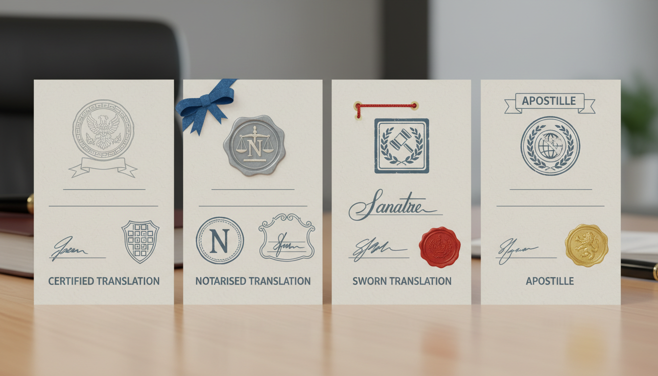 Comparison of certified notarised sworn and apostille translation documents