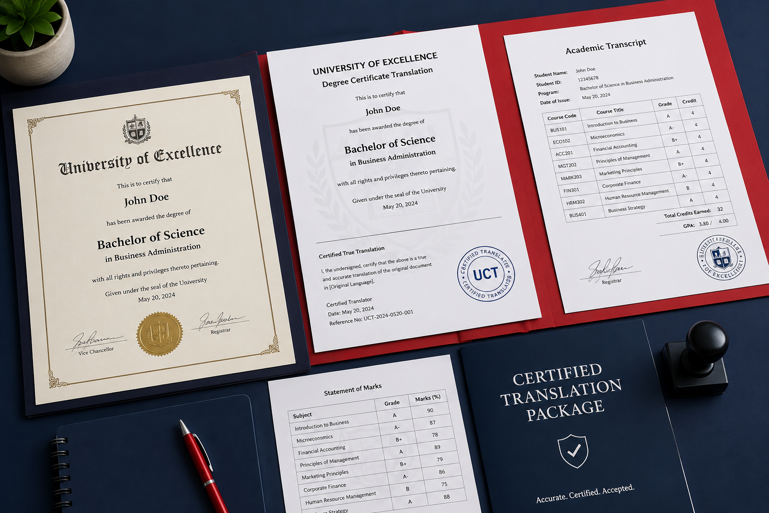 Diploma academic transcript and degree certificate arranged as an academic document bundle