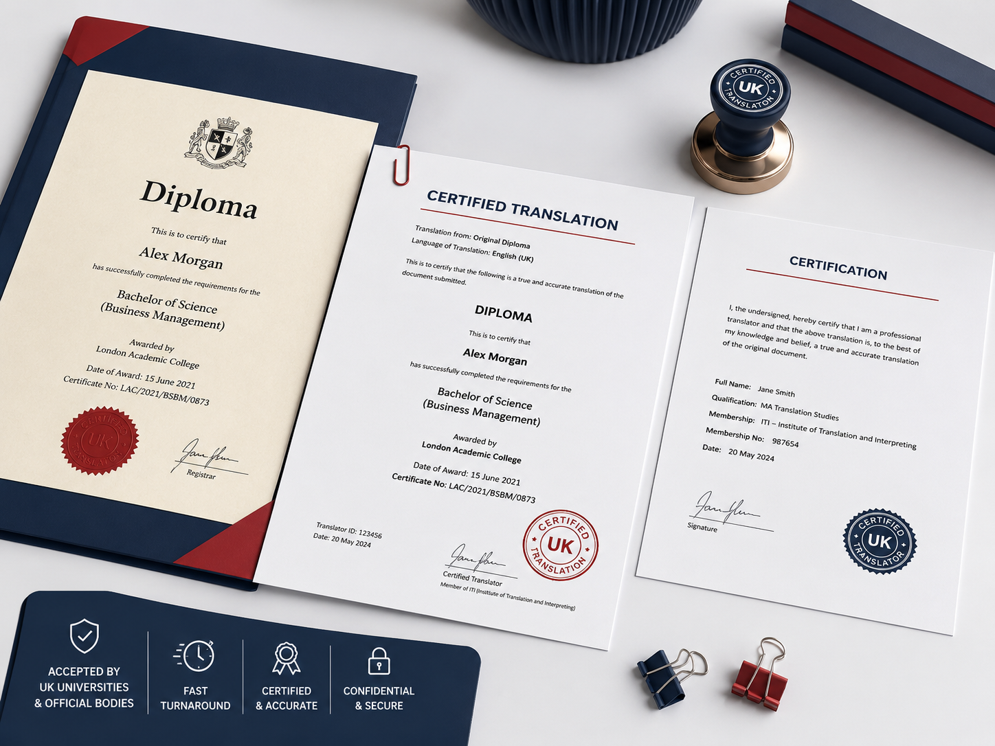 Original diploma beside its certified English translation and certification page